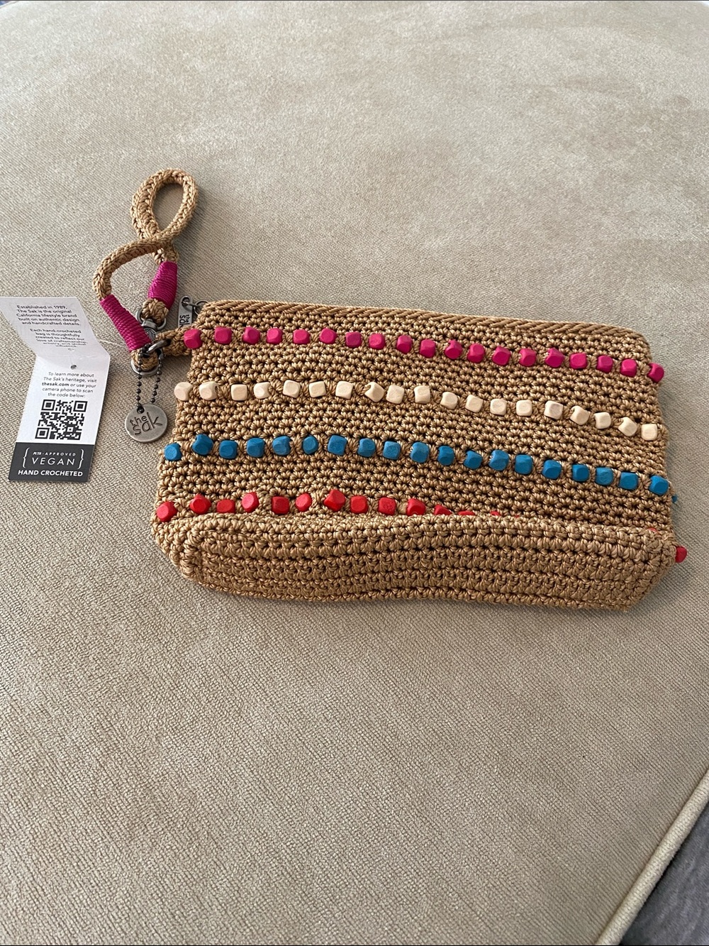 The Sak Hand-Crocheted Straw Wristlet with Multicolor Bead Trim